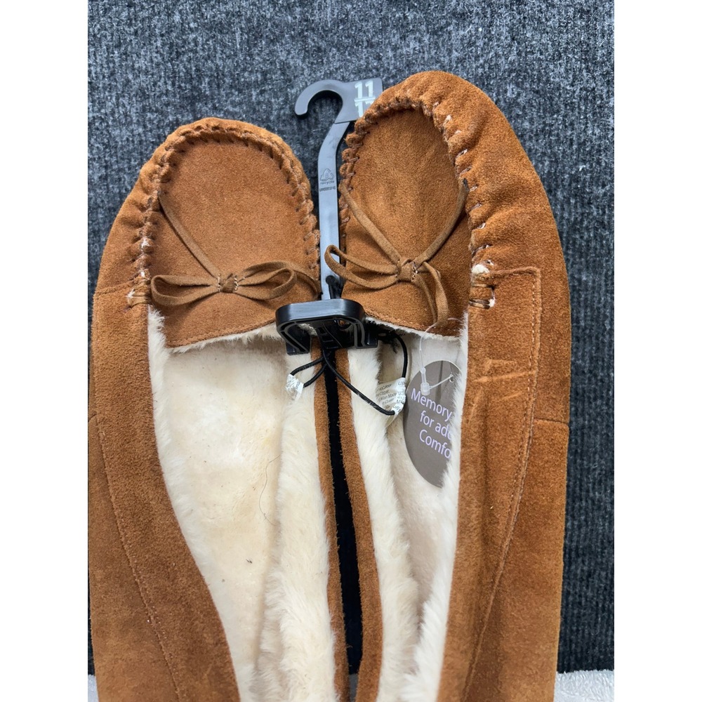 Secret Treasures Mens XL 11-12 Moccasin Slippers Chestnut Leather Memory Foam